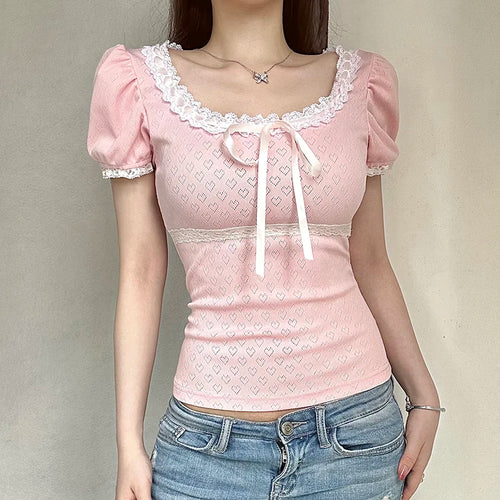 Load image into Gallery viewer, Korean Pink Cute Coquette Sweet Summer T-shirts Women Bow Lace Patched Slim Cropped Top Girls Cutecore Tees Clothing
