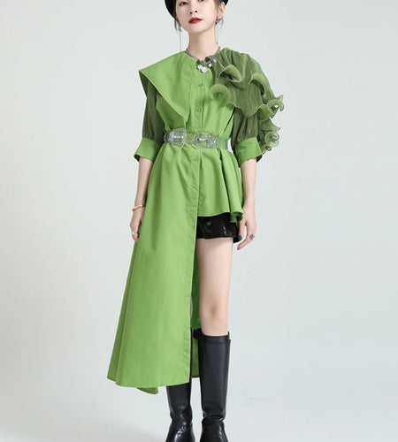 Women Green Pleated Belted Irregular Long Blouse New Lapel Half Sleeve Shirt Fashion Tide Spring Summer 2025 1DD9304