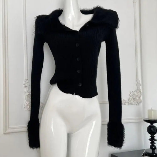 Load image into Gallery viewer, Retro Black Plush Neck Long Sleeved Cardigan Sweater Women Grey Festival Casual Versatile Short Knit Tops 2024 Autumn Winter New
