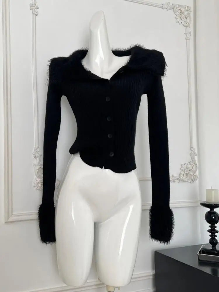 Retro Black Plush Neck Long Sleeved Cardigan Sweater Women Grey Festival Casual Versatile Short Knit Tops 2024 Autumn Winter New