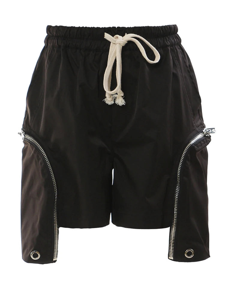 Women Black Irregular Zipper Drawstring Wide Leg Shorts New High Waist Trousers Fashion Tide Spring Summer 2025 1DH4518
