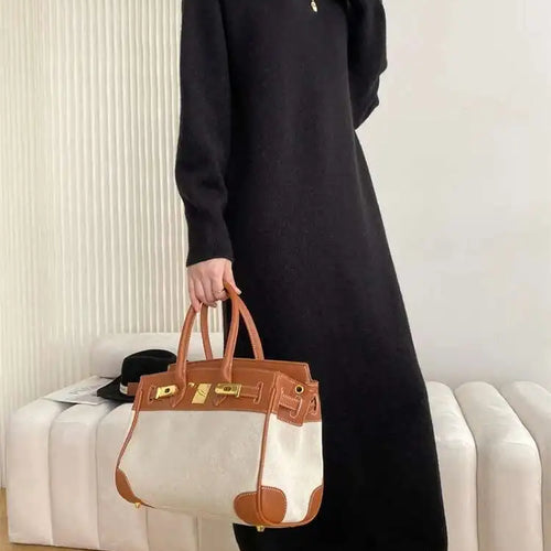 Load image into Gallery viewer, Women Rose Red Casual Midi Elegant Knitting Dress New Round Neck Long Sleeve Fashion Tide Spring Autumn 2025 1DH6450
