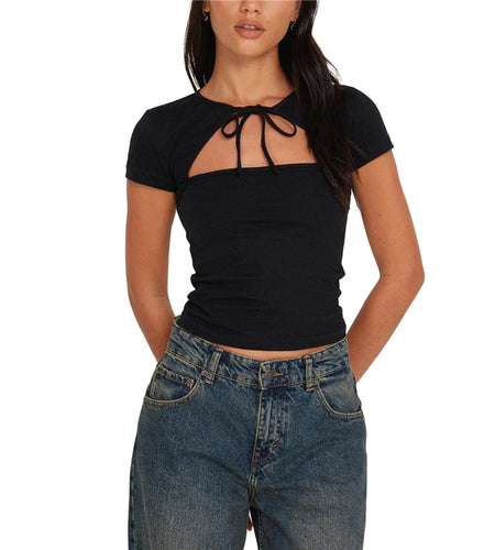 y2k Crop Tops 2000s Clothes Women Basic Hollow Out Short Sleeve Tie-up T Shirt Casual Vest Grunge Clothing Streetwear