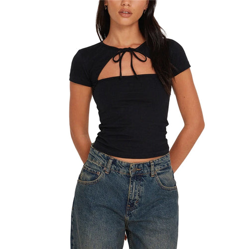 Load image into Gallery viewer, y2k Crop Tops 2000s Clothes Women Basic Hollow Out Short Sleeve Tie-up T Shirt Casual Vest Grunge Clothing Streetwear
