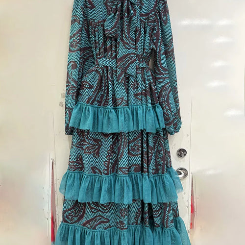 Load image into Gallery viewer, Hit Color Spliced Ruffles Dresses For Women O Neck Long Sleeve High Waist Temperament Long Dress Female Fashion New
