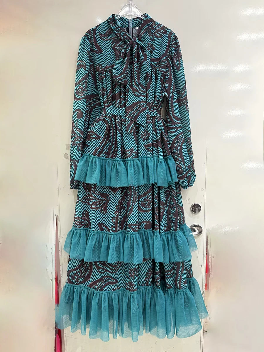 Hit Color Spliced Ruffles Dresses For Women O Neck Long Sleeve High Waist Temperament Long Dress Female Fashion New