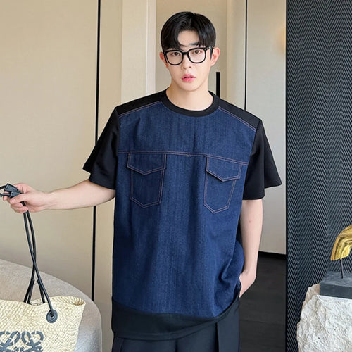 Load image into Gallery viewer, Korean Male T-shirt Denim Personalized Patchwork Short Sleeved Men&#39;s Top Pocket Decoration O-neck Summer Trend 9C6450
