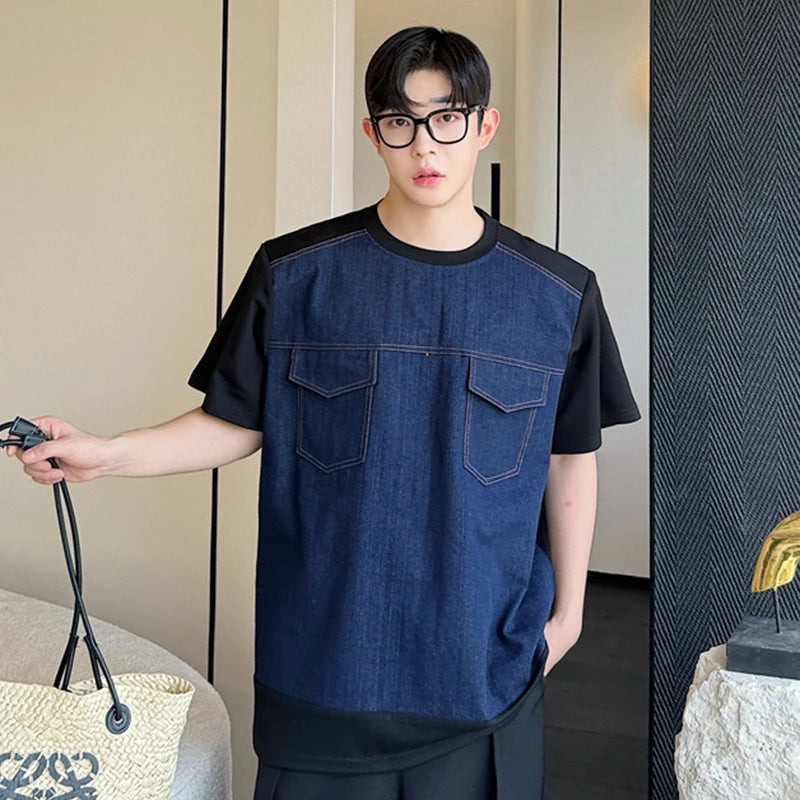 Korean Male T-shirt Denim Personalized Patchwork Short Sleeved Men's Top Pocket Decoration O-neck Summer Trend 9C6450