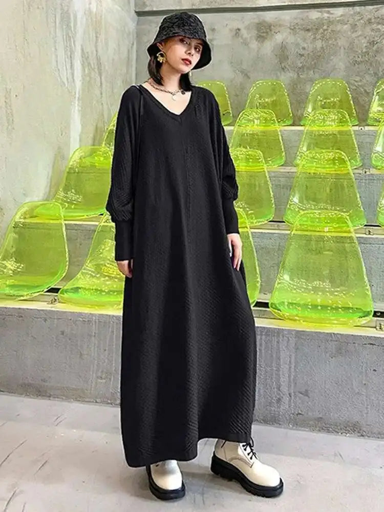 Women Purple Knitting Big Size Casual Long Sweater Dress New V-Neck Long Sleeve Fashion Tide Spring Autumn 2025 1DH7780