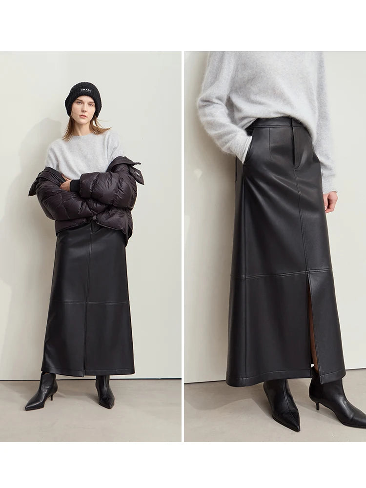 Minimalist Women's Retro Leather Skirts Eco-friendly PU Split A-line Female 2024 Winter Simple Commuter Clothing 12444182