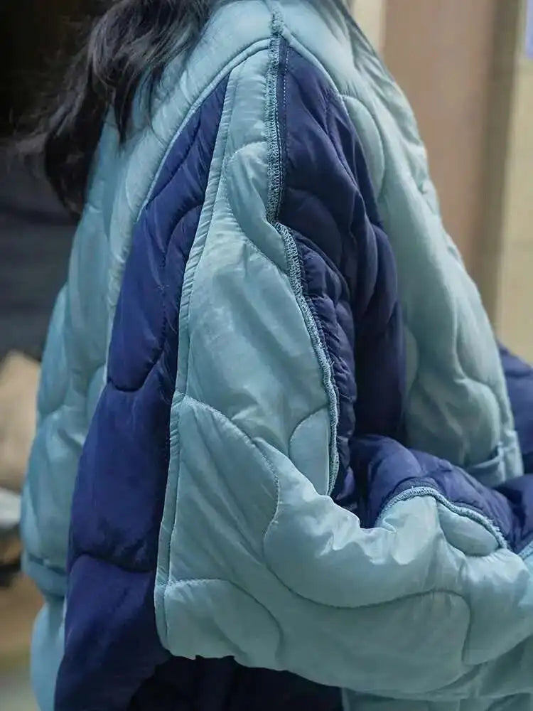 Blue Color-block Big Size Warm Cotton-padded Coat Long Sleeve Women Parkas Fashion Tide New Autumn Winter 2025 1DH2262