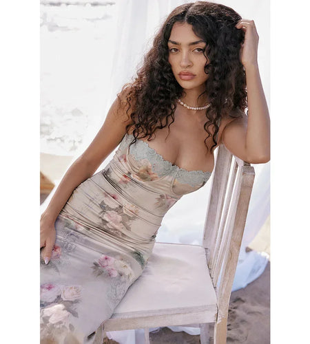 Spaghetti Strap Lace Print Midi Dress for Women Robe Strapless Backless High Waist Bodycon Club Party Long Dress