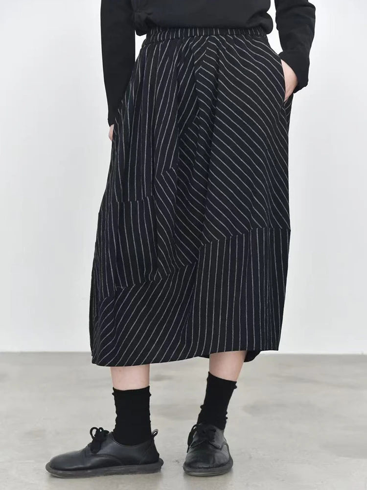 High Elastic Waist Black Striped Pocket Casual A-line Half-body Skirt Women Fashion Tide New Spring Autumn 2025 1DJ1205