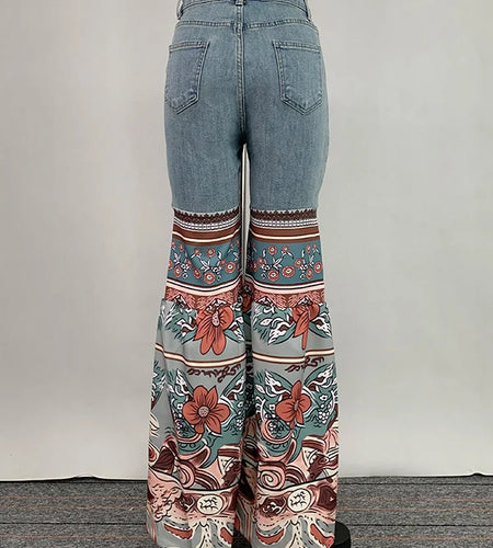 Womens Jeans Pants Autumn Winter Blue Vintage Floral Printed Bottoms with Pockets Woman High-Waisted Flared Denim Pants