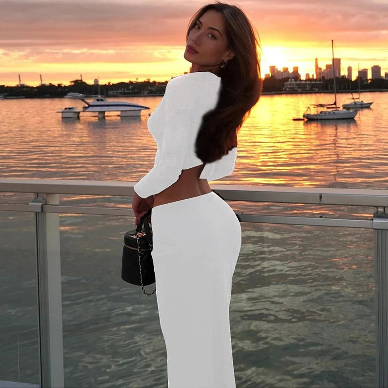 Autumn Winter Skirt Two Pieces Sets Women Sexy Long Sleeve Crop Tops And Elegant Maxi Skirt Sets Ladies Holiday Sets