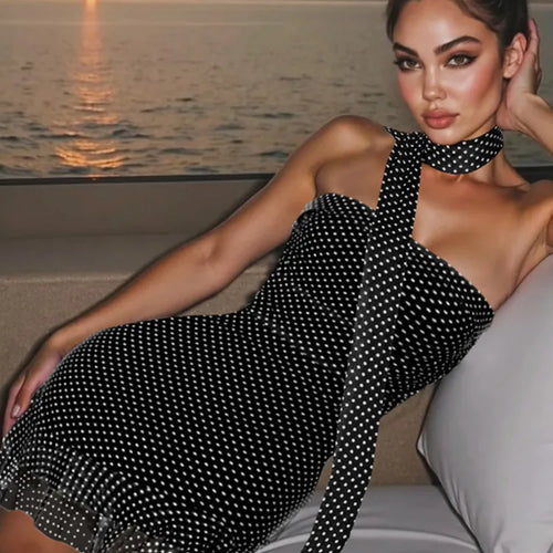 Load image into Gallery viewer, Scarf Collar Polka Dot Mini Dress Women Robe Fashion Off-shoulder Backless Sleeveless Ruffled Club Party Dress Vestido

