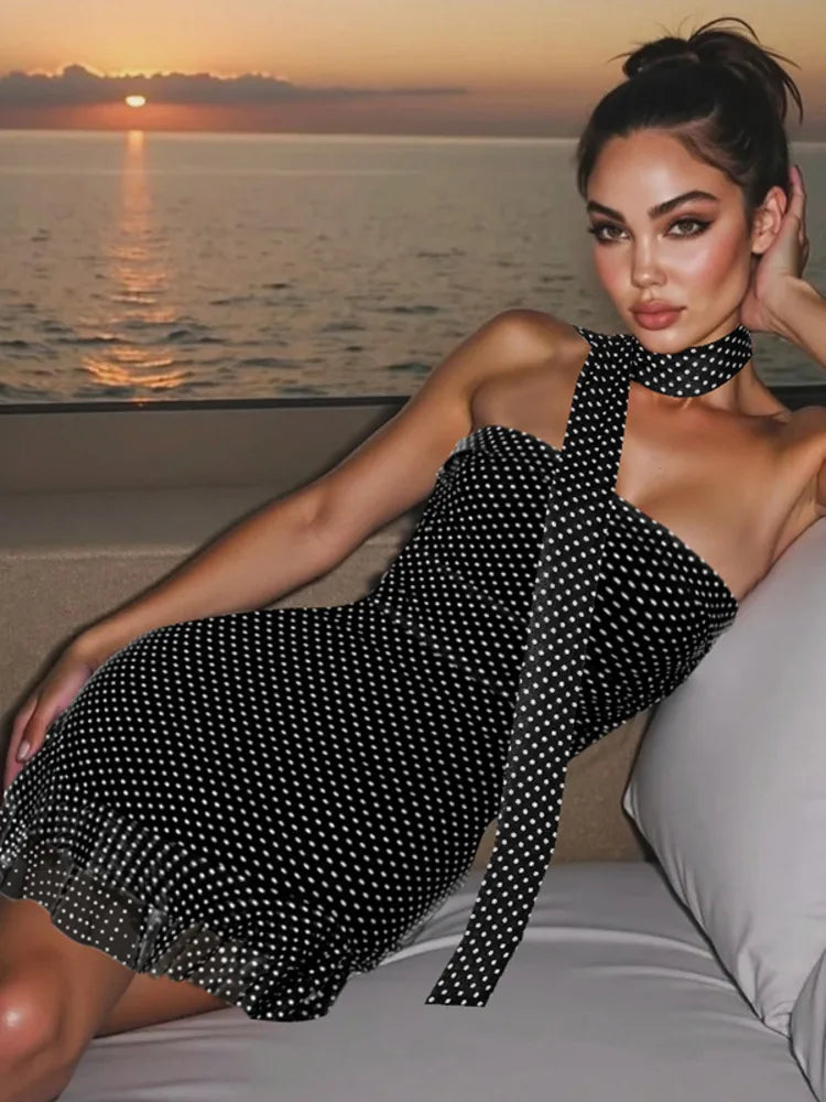 Scarf Collar Polka Dot Mini Dress Women Robe Fashion Off-shoulder Backless Sleeveless Ruffled Club Party Dress Vestido
