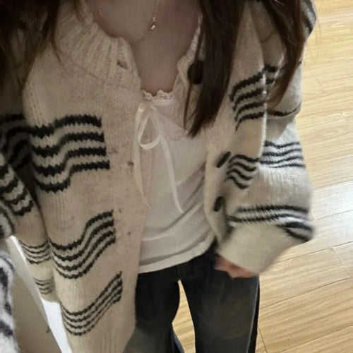 Load image into Gallery viewer, Patchwork Contrast Color Striped Knitted Cardigans Women Y2k Aesthetic Single Breasted Coats New Streetwear Casual Loose Sweater
