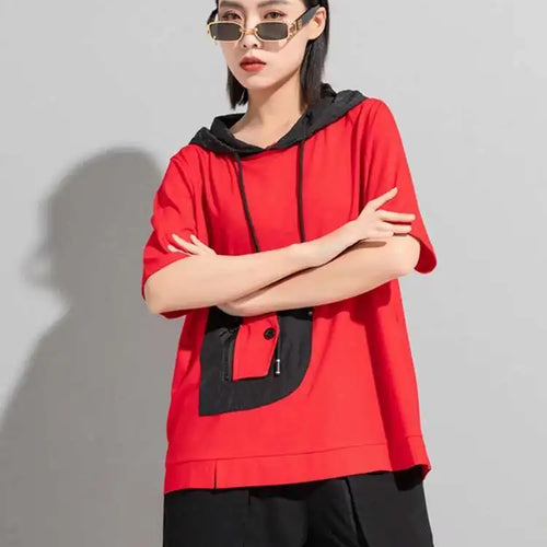 Load image into Gallery viewer, Women Black Color-block Big Size Drawstring T-shirt Hooded New Half Sleeve Loose Fit Fashion Spring Autumn 2025 1DF5304
