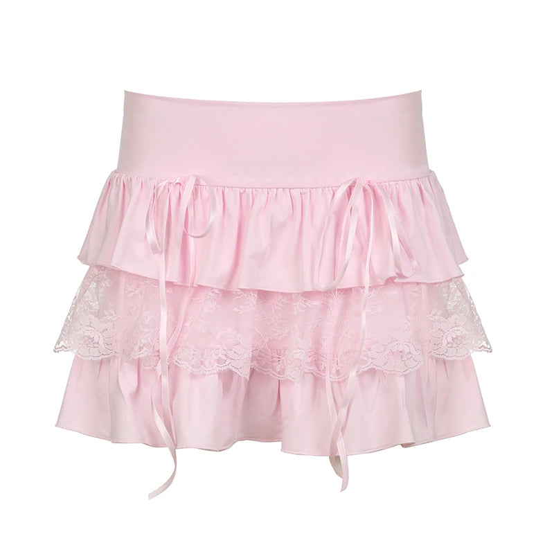 Hotsweet Pink Summer Cake Mini Skirt Tierred Lace Trim Folds Korean Fashion Girls Skirts Y2K Coquette Clothes Kawaii