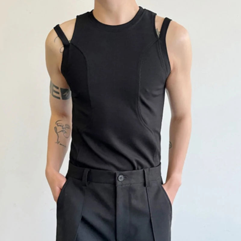 Summer Splicing Design Male Top Solid Color Elastic Tank Top Round Collar Menwear Sexy Style Fashion Tide 9C5940