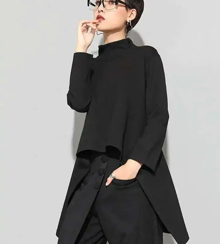 Women Black Irregular Hem Back Long Casual T-shirt New Turtleneck Long Sleeve Fashion Tide Spring Autumn 2025 1DF4653