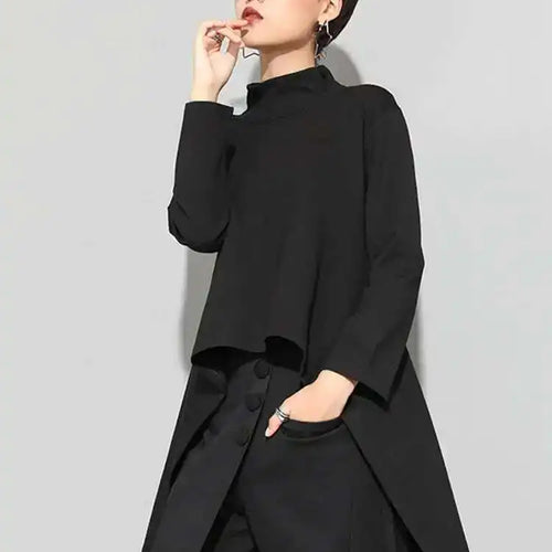 Load image into Gallery viewer, Women Black Irregular Hem Back Long Casual T-shirt New Turtleneck Long Sleeve Fashion Tide Spring Autumn 2025 1DF4653

