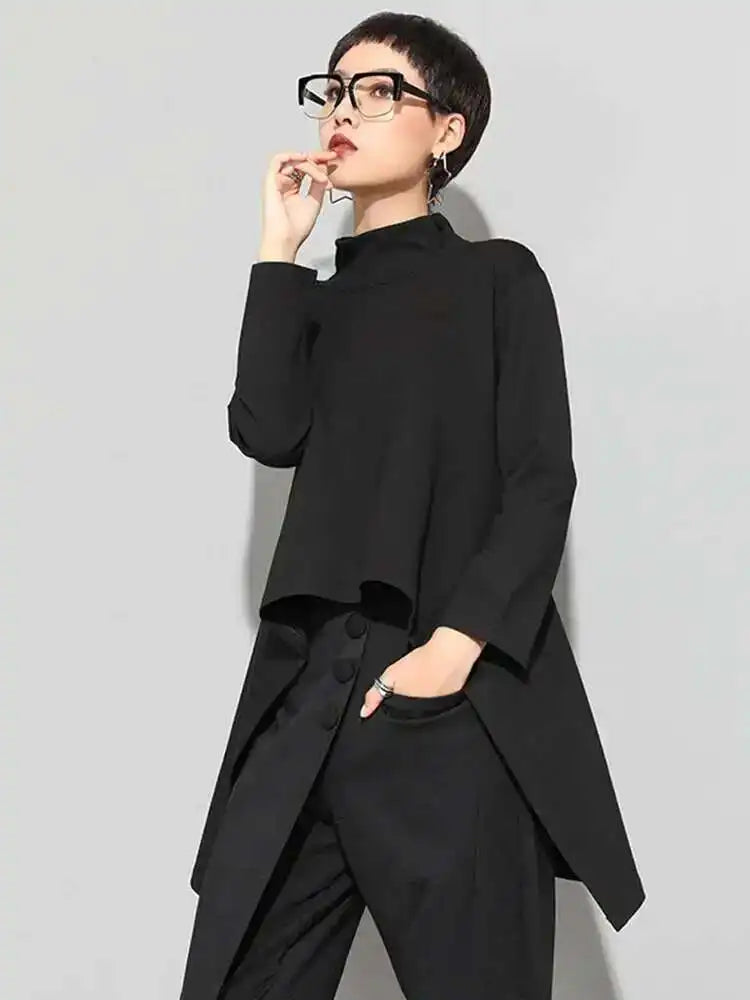 Women Black Irregular Hem Back Long Casual T-shirt New Turtleneck Long Sleeve Fashion Tide Spring Autumn 2025 1DF4653