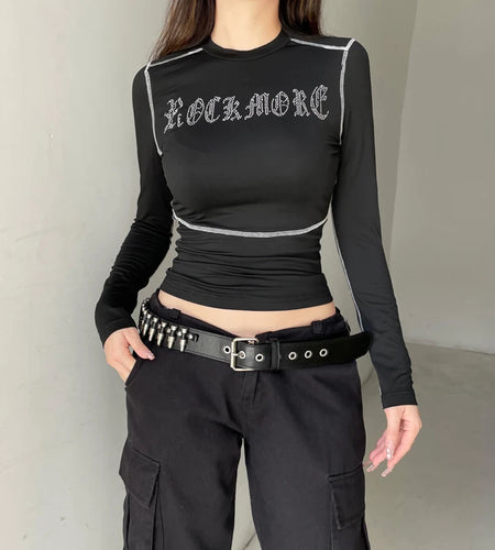 Fashion Line Stitch Skinny Long Sleeve Tee Shirts Women Streetwear Rhinestone Autumn Top T shirts Gothic Outfits Dark
