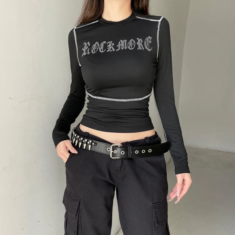 Fashion Line Stitch Skinny Long Sleeve Tee Shirts Women Streetwear Rhinestone Autumn Top T shirts Gothic Outfits Dark