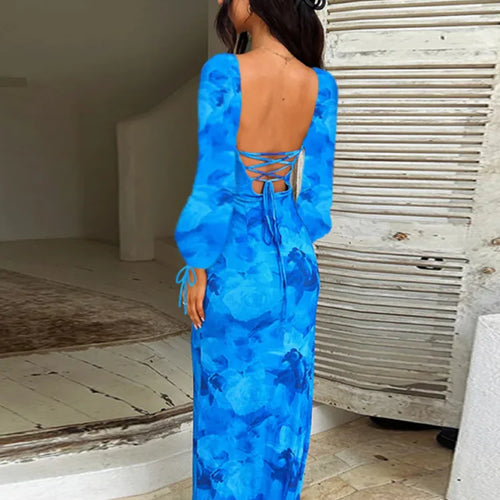 Load image into Gallery viewer, Blue Floral Print Sexy Maxi Dress For Women Gown Autumn New Square Collar Long Sleeve Lace-up Sexy Long Dress Elegant
