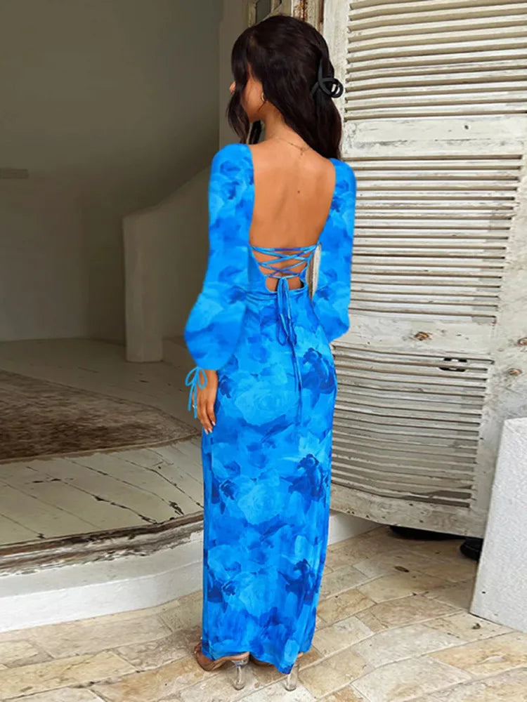 Blue Floral Print Sexy Maxi Dress For Women Gown Autumn New Square Collar Long Sleeve Lace-up Sexy Long Dress Elegant