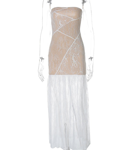 Strapless Floral Print Patchwork Lace Slit Sexy See Through Maxi Dress Summer Fashion Women Y2K Clothes Beach Vacation