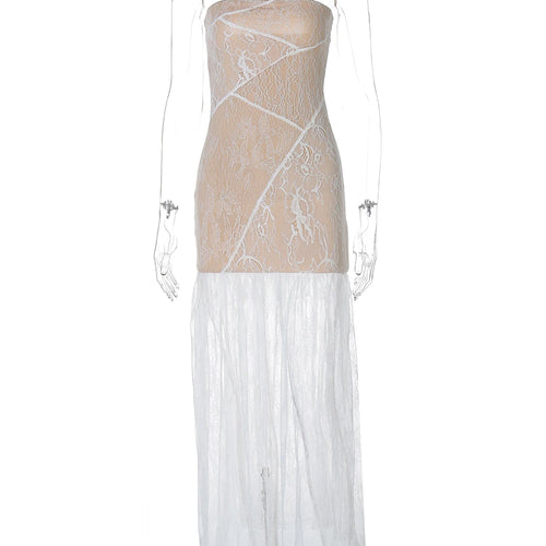 Load image into Gallery viewer, Strapless Floral Print Patchwork Lace Slit Sexy See Through Maxi Dress Summer Fashion Women Y2K Clothes Beach Vacation
