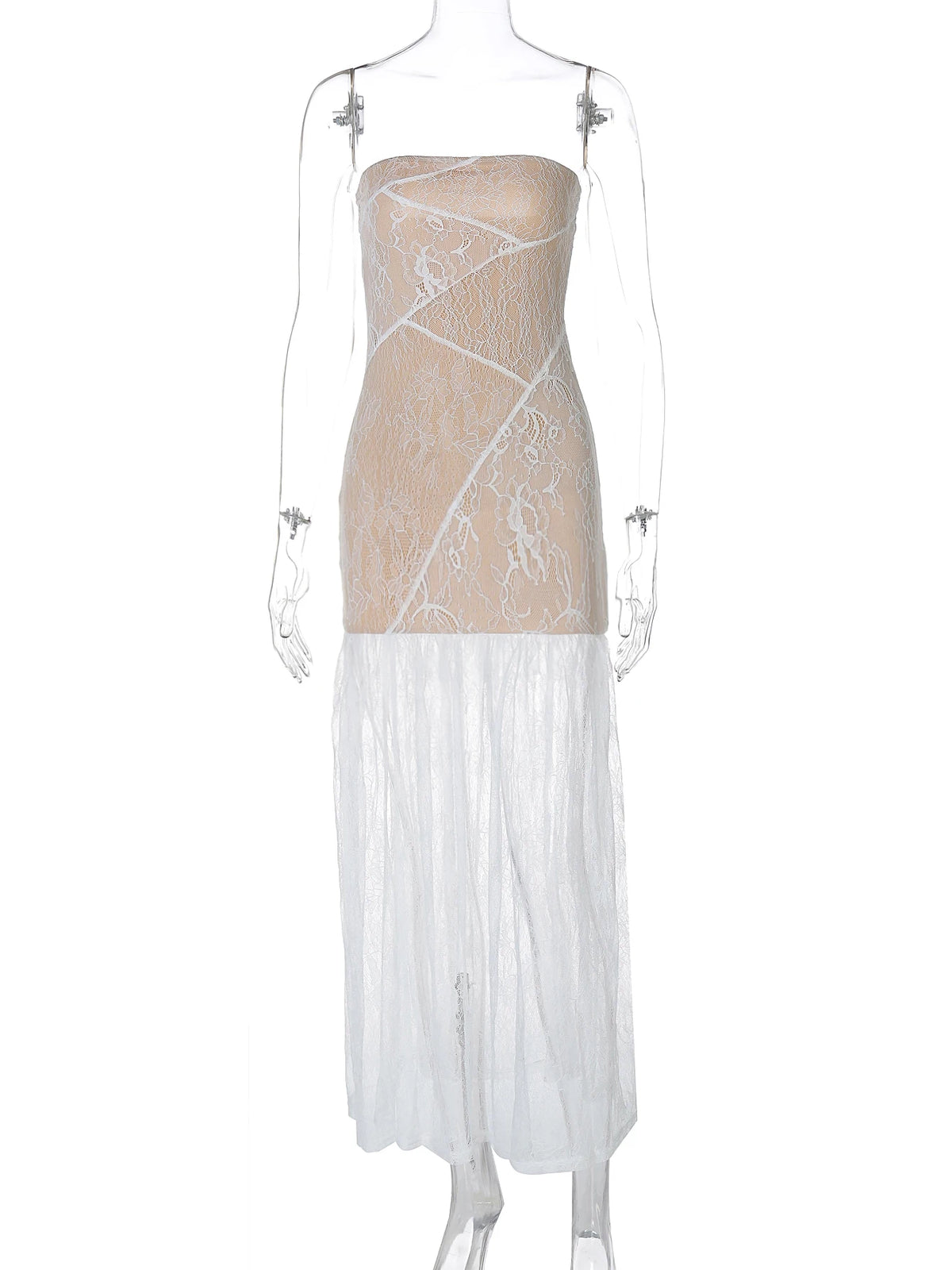 Strapless Floral Print Patchwork Lace Slit Sexy See Through Maxi Dress Summer Fashion Women Y2K Clothes Beach Vacation