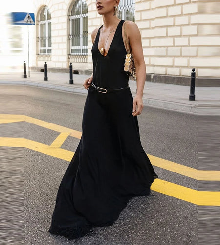 Women Deep Halterneck Sexy Floor-length Dresses Summer Sleeveless Black Long Dresses Woman with Belted