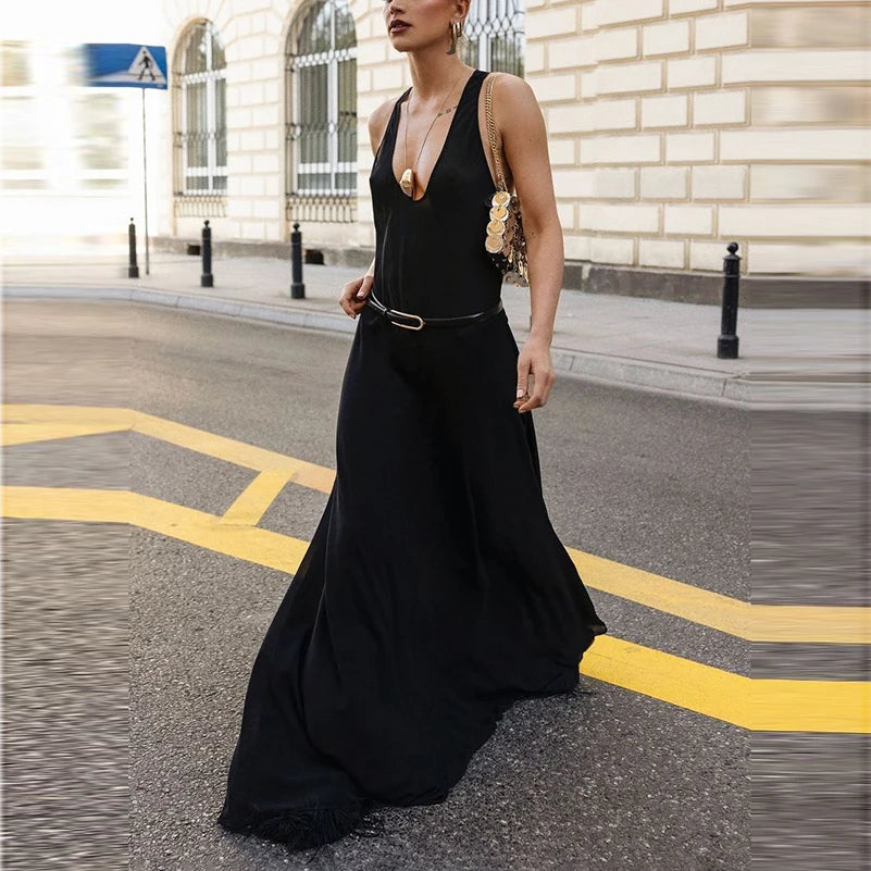 Women Deep Halterneck Sexy Floor-length Dresses Summer Sleeveless Black Long Dresses Woman with Belted