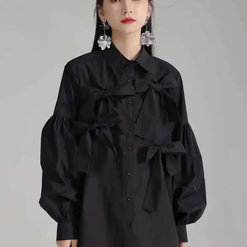 Load image into Gallery viewer, Women White Bow Spliced Big Size Elegant Blouse New Lapel Long Sleeve Shirt Fashion Tide Spring Autumn 2025 1DH5705

