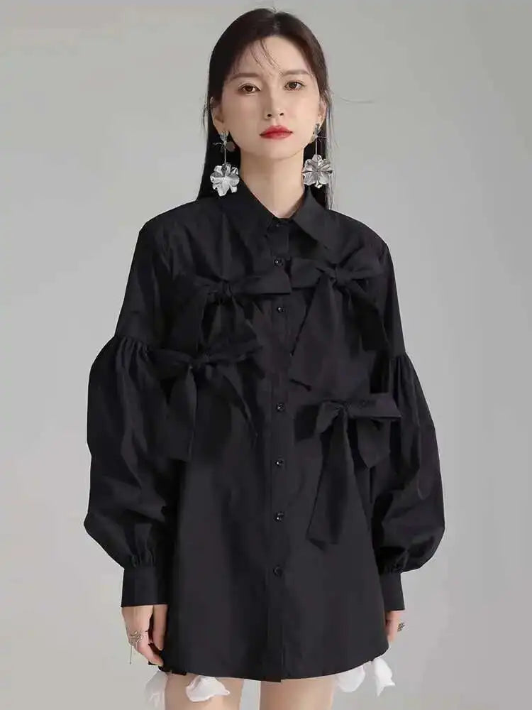 Women White Bow Spliced Big Size Elegant Blouse New Lapel Long Sleeve Shirt Fashion Tide Spring Autumn 2025 1DH5705