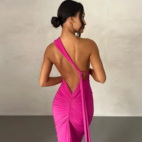 Load image into Gallery viewer, Oblique Shoulder Backless Maxi Dress For Women Gown Summer Back Strap Sleeveless Ruched Party Sexy Long Dress Vestidos
