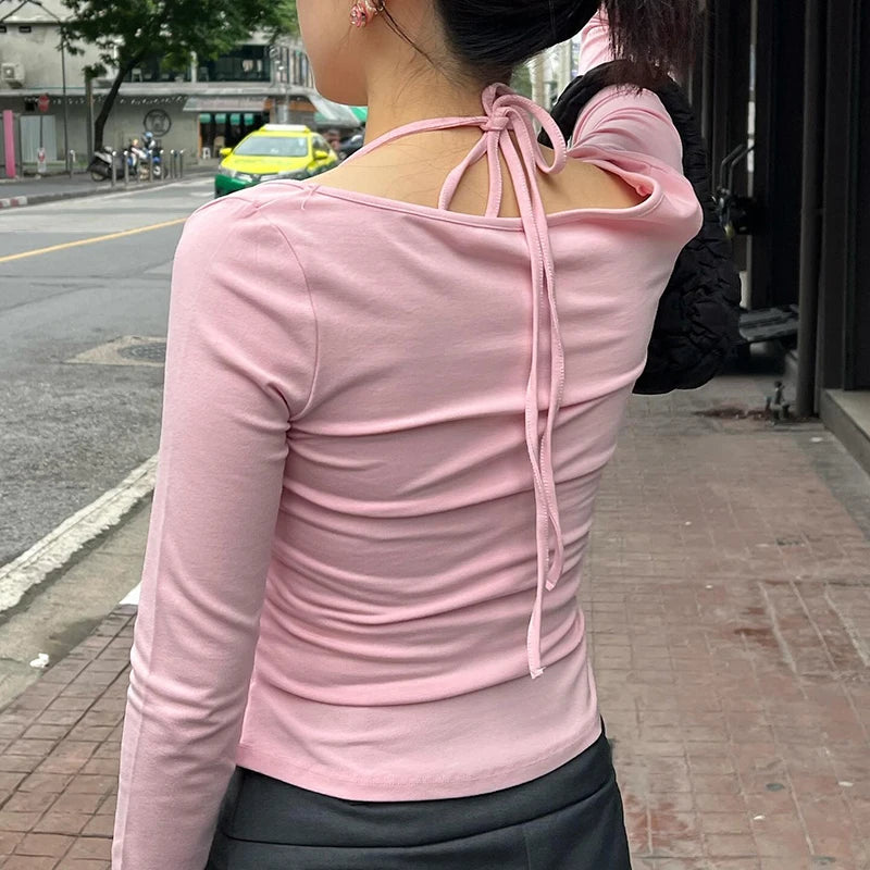 Korean Fashion Pink Slim Halter T-shirt Female Basic Harajuku Bow Autumn Tee Shirts Cute Japanese Y2K Cropped Top New