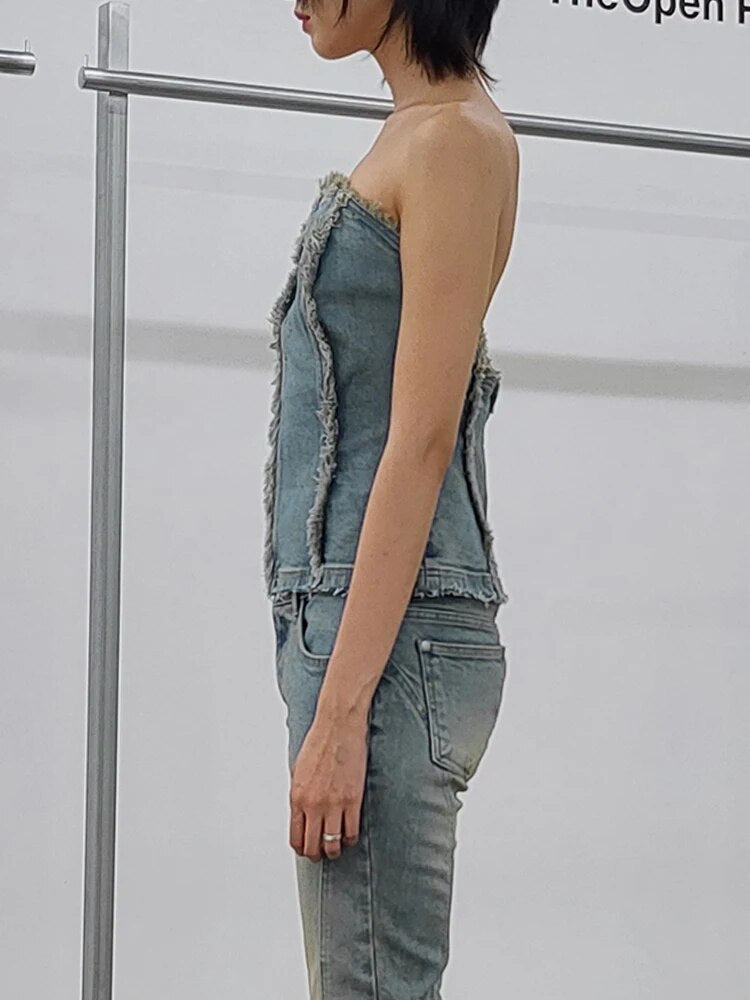 Solid Denim Tank Tops For Women Strapless Sleeveless Slim Streetwear Vest Female Fashion Style Clothing