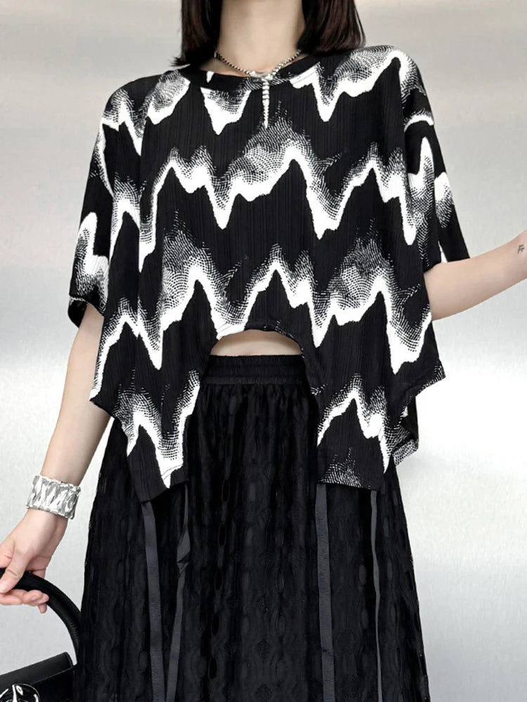 Women Black Striped String Big Size Short T-shirt New Round Neck Short Sleeve Fashion Tide Spring Summer 2025 1DJ0168