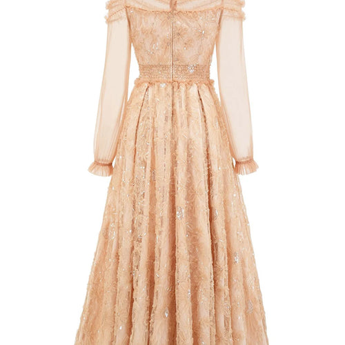 Load image into Gallery viewer, Hit Color Spliced Mesh Long Dresses For Women O Neck Long Sleeve High Waist Temperament Dress Female Fashion New
