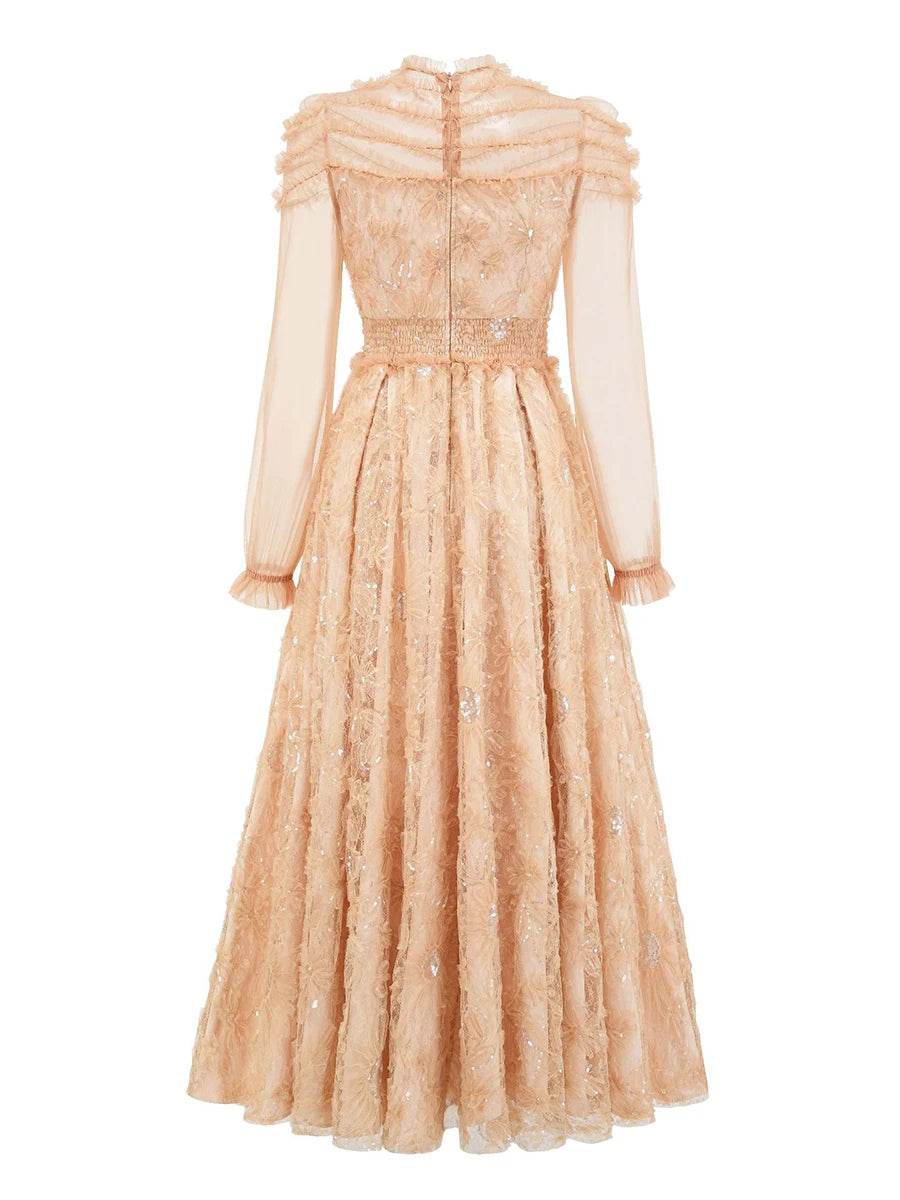 Hit Color Spliced Mesh Long Dresses For Women O Neck Long Sleeve High Waist Temperament Dress Female Fashion New