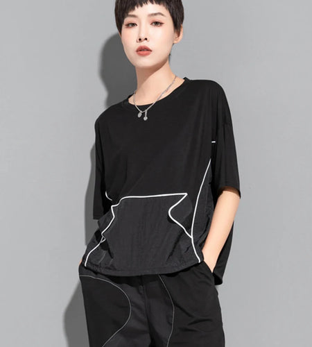 Women Black Topstitched Drawstring Big Size T-shirt New Round Neck Short Sleeve Fashion Tide Spring Summer 2025 1DJ1797