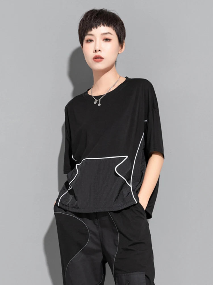 Women Black Topstitched Drawstring Big Size T-shirt New Round Neck Short Sleeve Fashion Tide Spring Summer 2025 1DJ1797
