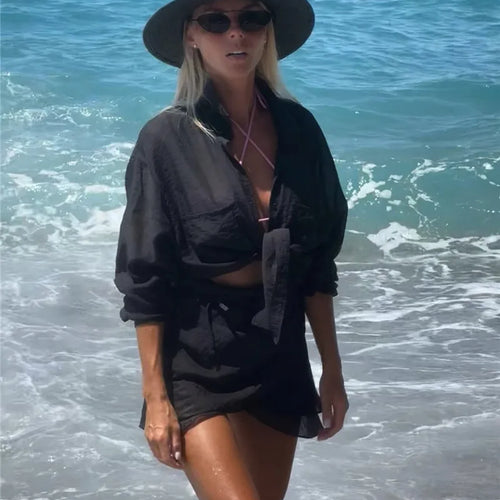 Load image into Gallery viewer, Summer Beach Two Piece Sets Women Long Sleeve Shirt And Mini Skirt Female See Through Loose 2 Piece Set Beachwear
