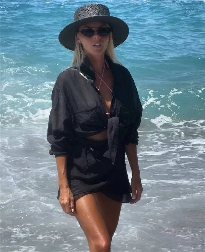 Summer Beach Two Piece Sets Women Long Sleeve Shirt And Mini Skirt Female See Through Loose 2 Piece Set Beachwear