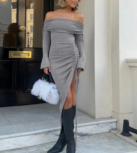 Elegant Winter New Women Fashion Long sleeved Dress One line Neck Drawstring Wrap Hip Vestidos Bodycon Party Evening